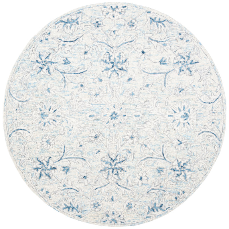 Tapis bleu clair / ivoire en laine tissé à plat à la main Dasheil, Rond 5 pi