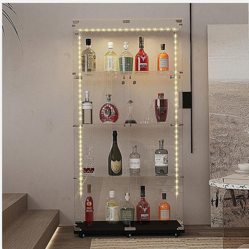 Vitrine en verre trempé, armoire à vin, armoire de rangement, classeur, avec bande DEL Bluetooth, peut être contrôlée par une télécommande ou une application mobile, roulettes pivotantes, peut être placée n'importe où, couleur: noir