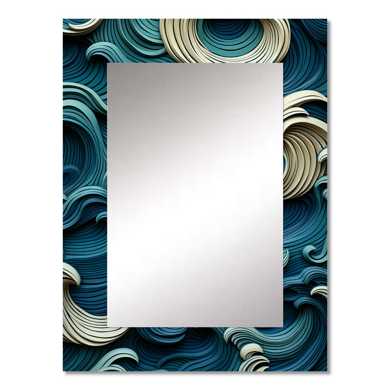 Impressions de carreaux vagues bleues et blanches II - miroir à vagues, miroir mural bleu unique, 32 po x 24 po