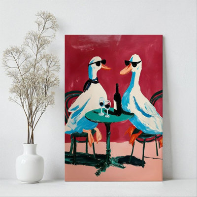 1Pc Framed Canvas Poster Print Duck couple, wine tasting, pop art style Wall Art Decor, Perfect for Room Decor Living Room Bedroom Office Kitchen Bathroom Home Decor, Ideal Home Wall Decoration Gift, 2D Flat