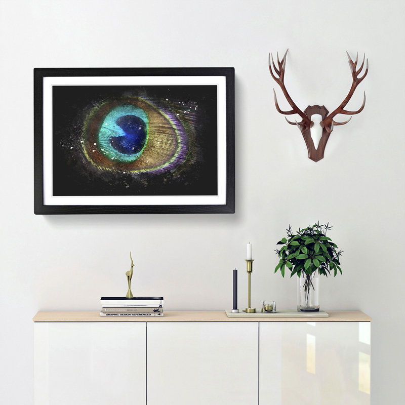 Delicate Peacock Feather Paint Splash - Framed Print, Black Framed, 24cm H x 33cm W x 2cm D