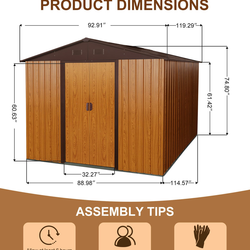Coffee 8ft X 10ft Outdoor Metal Shed With Secure Foundation - Galvanized Steel Build, Punched Vents, Sliding Door Padlock, Hassle- Assembly Storage Shed, Iron Construction For Longevity, Vents