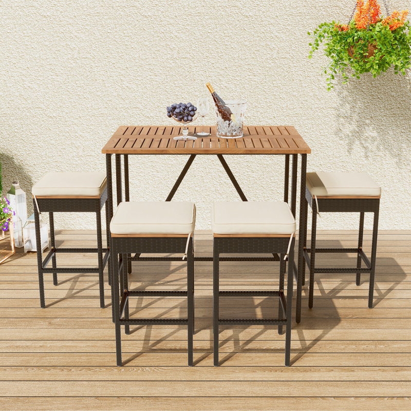 5-Piece Outdoor Acacia Wood Bar Height Table And Four Stools With Cushions, Garden Pe Rattan Wicker Dining Table, Foldable Tabletop, High-Dining Bistro Set, All-Weather Patio Furniture, Brown