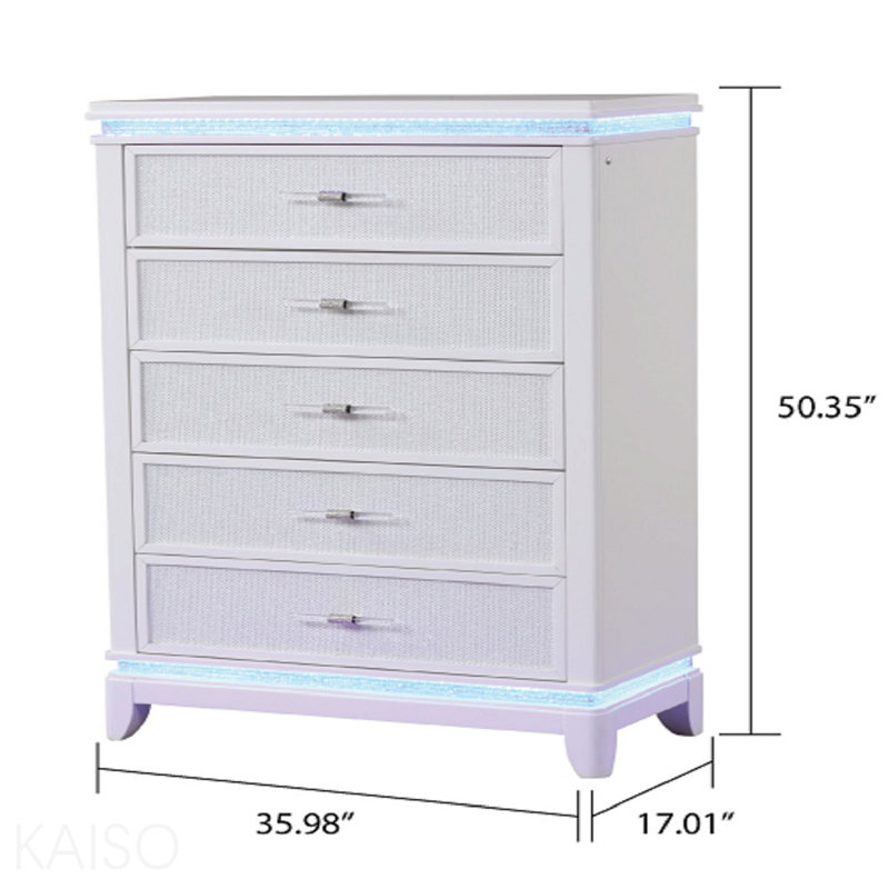 Commode 5 tiroirs de style moderne avec poignées en diamant et détails réfléchissants en bois blanc