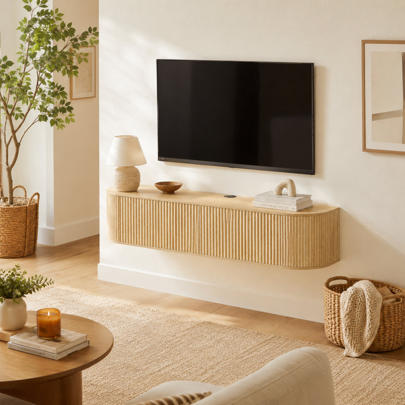 Meuble télé mural flottant de 55 po avec portes cannelées, console multimédia avec trous de rangement pour câbles, convient au salon et à la chambre à coucher, s'adapte à tous les styles de décoration