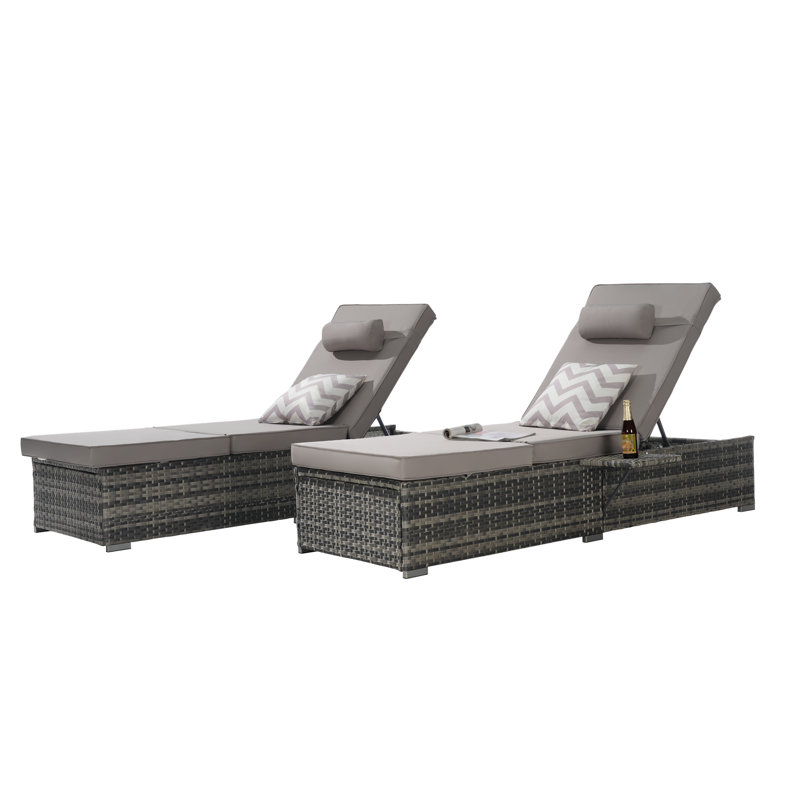 Outdoor Chaise Lounges With Adjustable Backrest And Storage For Outside, Beige Cushion/Gray Frame