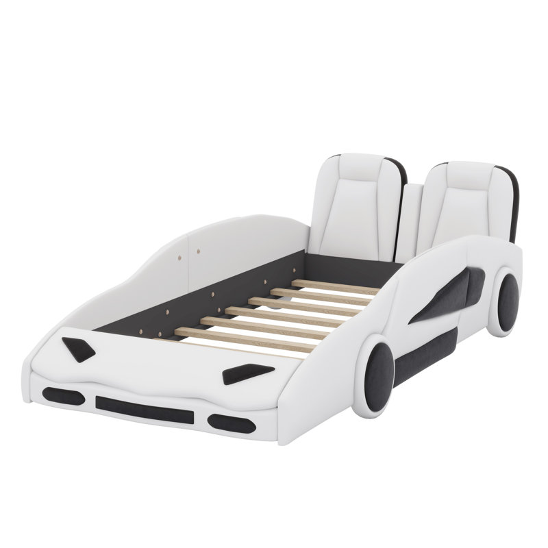 Race Car-Shaped Platform Bed With Wheels, White