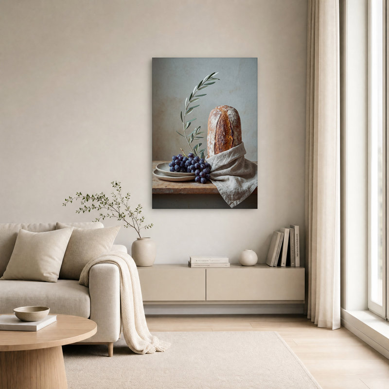 «Rustic Bread» et raisins mauves sur une table en bois, art mural, H 36 po x l 24 po