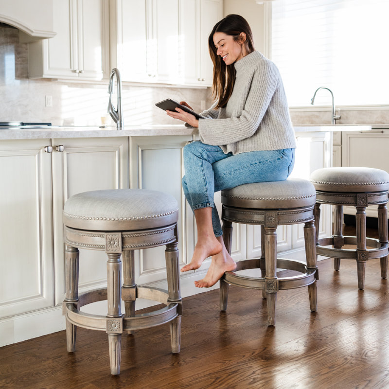 Maven Lane Pullman Backless Swivel Kitchen Stool with Upholstery Seat, Reclaimed Oak/Polyester