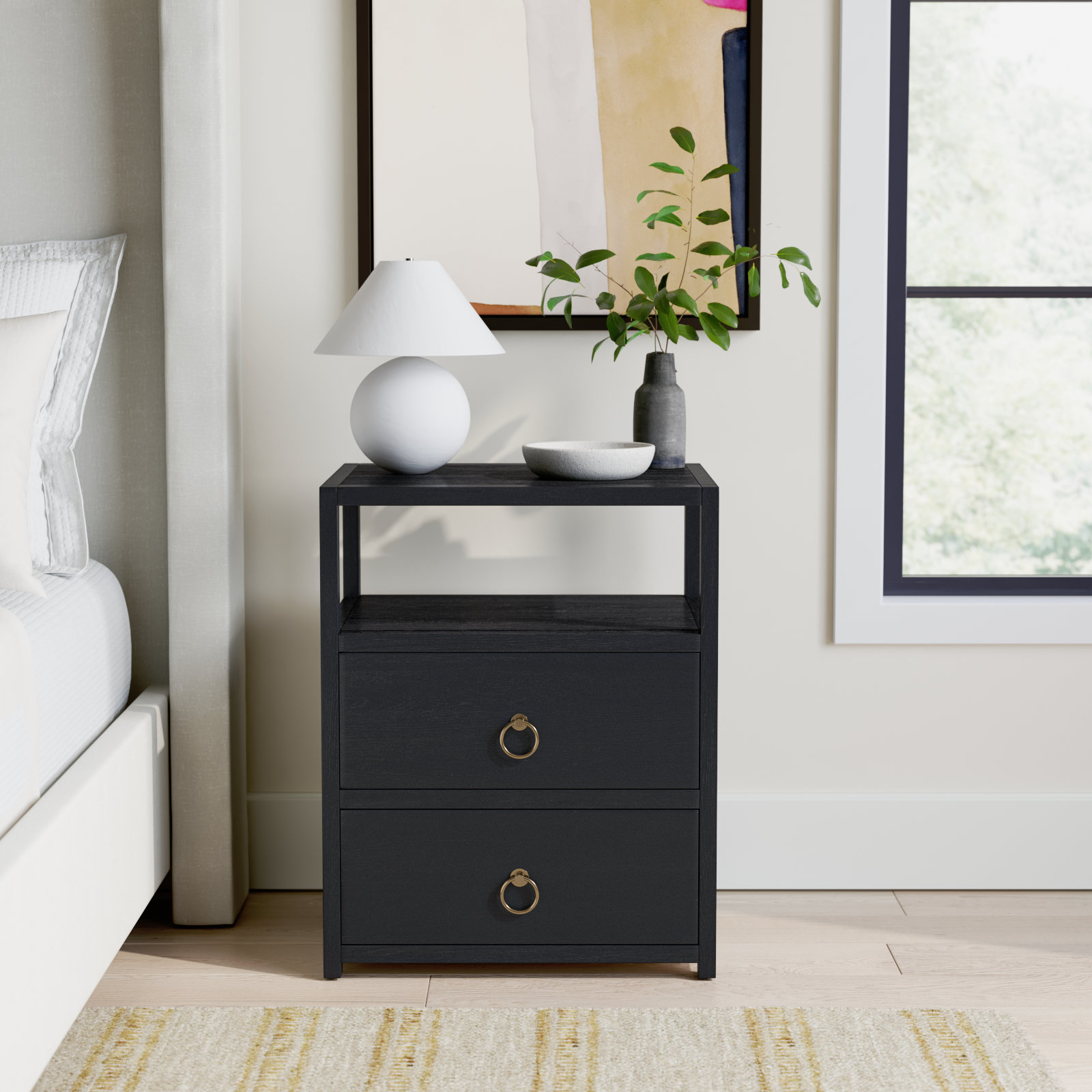Elin 2-Drawer Acacia Nightstand, Navy Blue