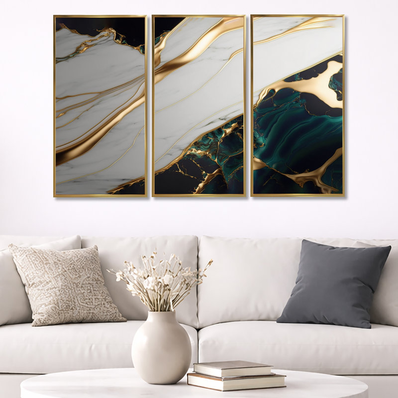 «Abstract Geode Gold and Green Marble II», reproduction sur toile 3 pièces, Cadre flottant doré, H 32 po x l 48 po x P 1 po