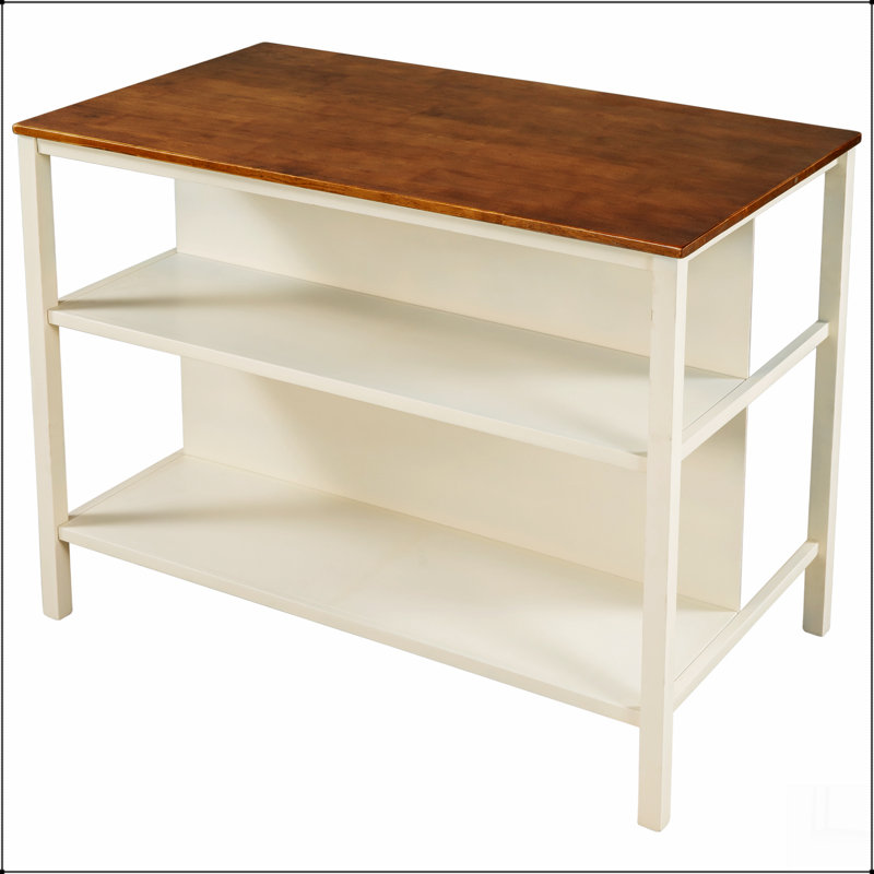 Îlot de cuisine 45 po en bois massif avec table de préparation en bois d'hévéa et 2 tablettes ouvertes pour petits espaces