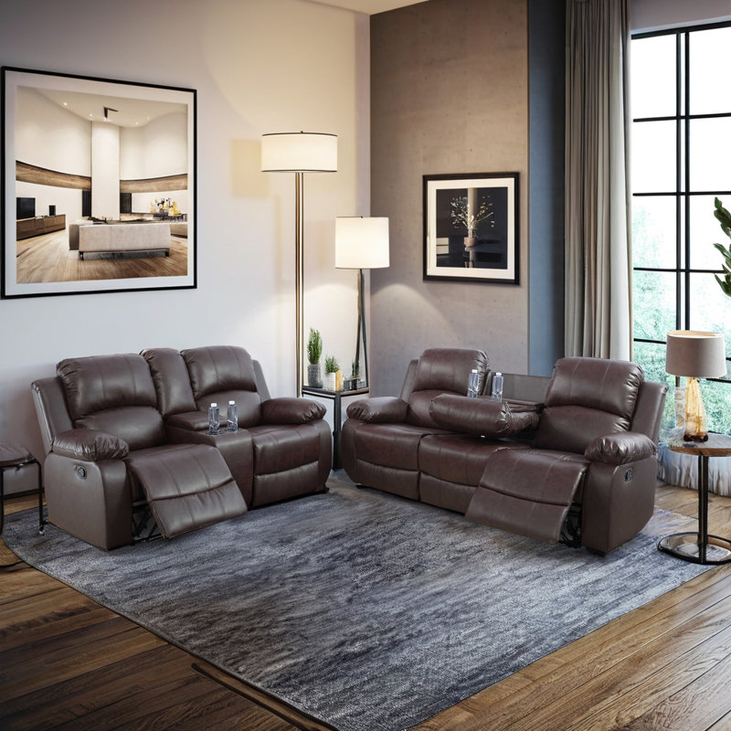 2 Pieces Leather Manual Reclining Living Room Set with Console, Brown