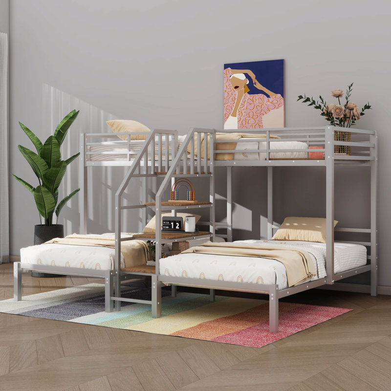 Metal Triple Bunk Bed For 3,Twin Over Twin&Twin Size Bunk Beds With Storage Shelves Staircase, Silver
