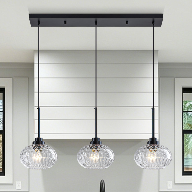 Luminaire suspendu pour îlot de cuisine 3 lumières avec abat-jour en verre martelé, Noir mat