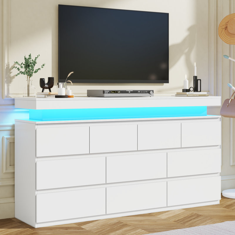 Commode de rangement moderne à 10 tiroirs avec éclairage à DEL et station de charge, commode large pour l'organisation de la chambre à coucher, du salon et du vestibule