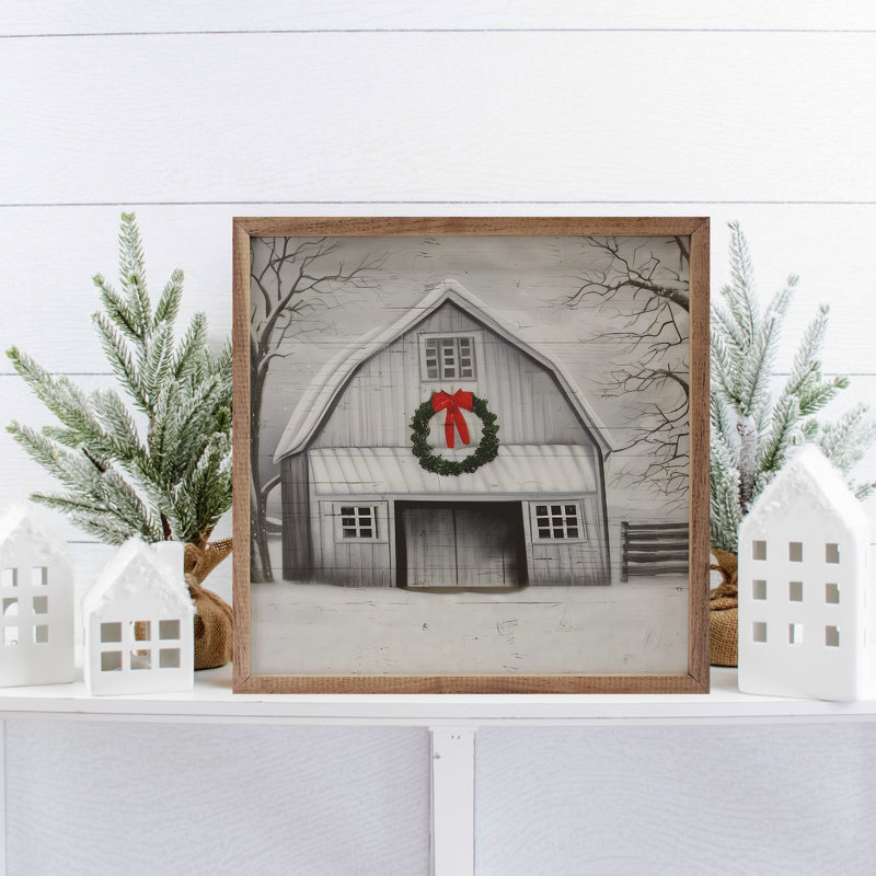 Grange blanche de Noël avec couronne, L 16 po x H 16 po