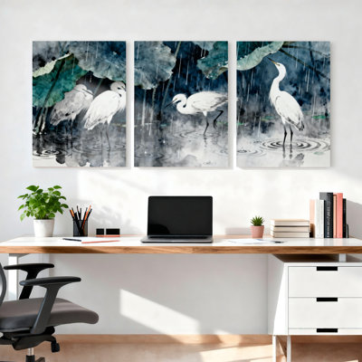 Ensemble de 3 tableaux muraux de style aquarelle représentant des aigrettes dans un étang pluvieux