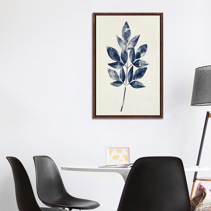 Indigo Leaves I 1 Piece Wall Art on Canvas, 101.6cm H x 66.04cm W x 3.81cm D, Classic Brown Wood Framed