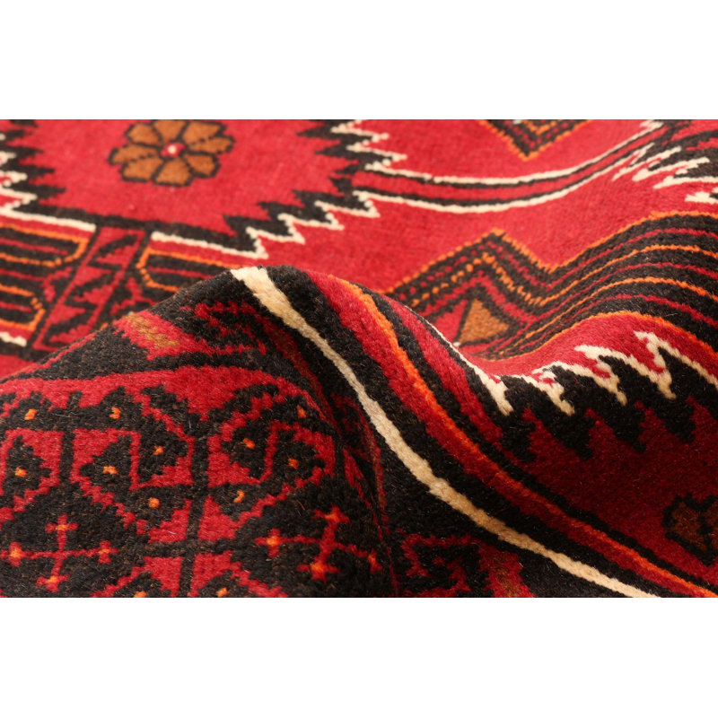 Tapis rouge en laine noué à la main de conception unique 3 pi 9 po x 7 pi 9 po One Age of a Kind Kind