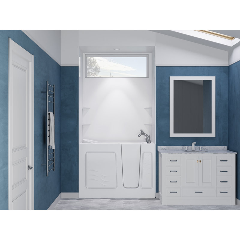 Nova Heated Series 26" x 53" Left Side Drain Soaker Bathtub in White with Matching Smooth Shower Wall Kit, Left, White