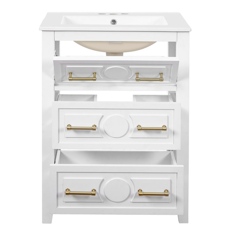 Meuble-lavabo de salle de bain rétro blanc 24 po avec lavabo en céramique et 3 tiroirs, bois de pin massif, lavabo à tiroirs longue durée, structure en bois, conception de déversement