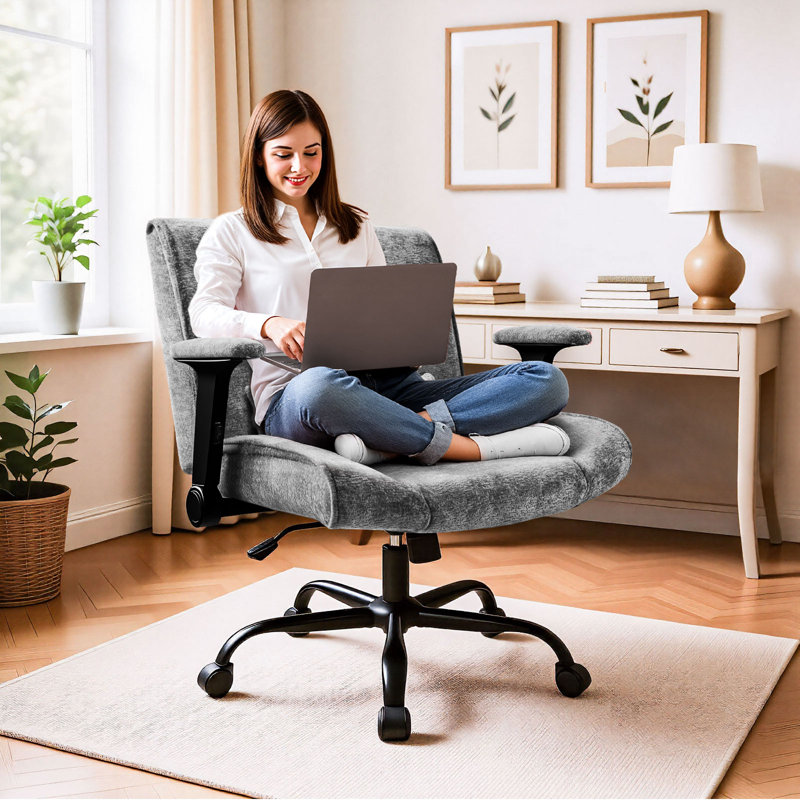 Upholstered High - Back Office Chair With Lumbar Pillow Cross Legged , Gray