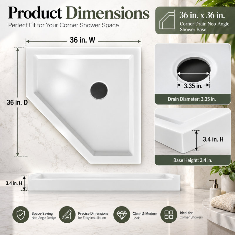 Base de douche néo-angle 36 po x l 36 po x H 3,4 po