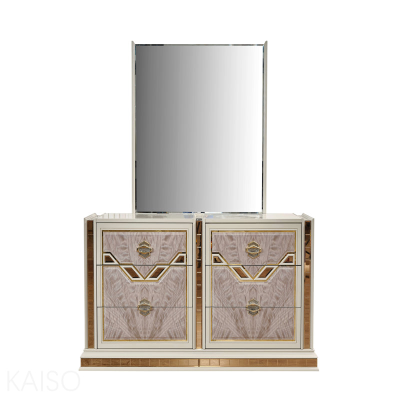 Commode à 6 tiroirs de style moderne (comprend seulement la commode) en bois et accents dorés en beige