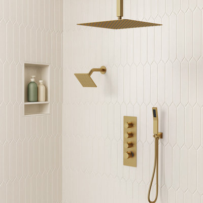 Thermostatic Shower Faucet System, Ceiling Mount High-Pressure Rainfall Dual Shower Head with Rough-In Valve