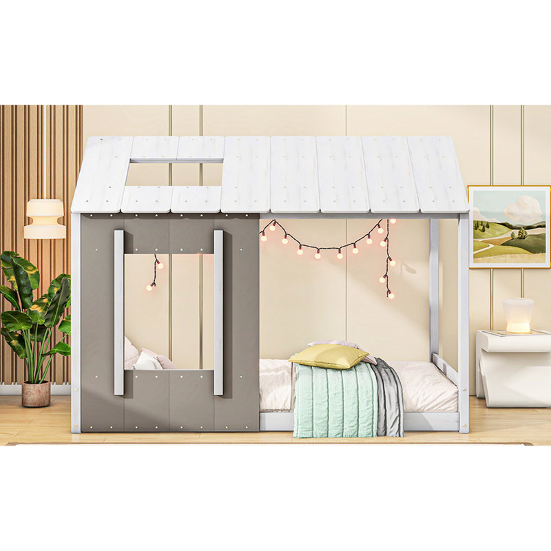 Magnifique lit simple avec toit et fenêtre, Blanc / Gris