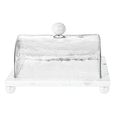 Plat à gâteau en marbre avec couvercle en verre et poignée boule - L 10,4 po