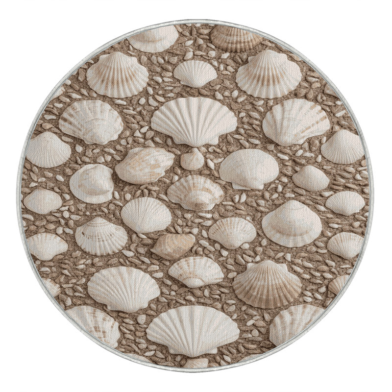 Washable Mixed Shell Mosaic Coastal Area Rug, Round 6'