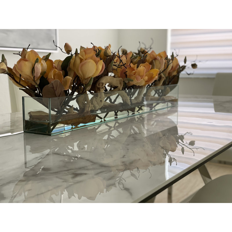 Glass Plate Magnolia Floral Arrangement And Centerpiece In Planter, 10" H x 24" W x 7" D, Peach