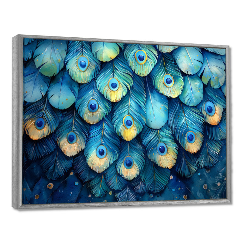 Peacock Feather Collage - art mural oiseau, Argent argent, Cadre flottant, H 16 po x l 32 po