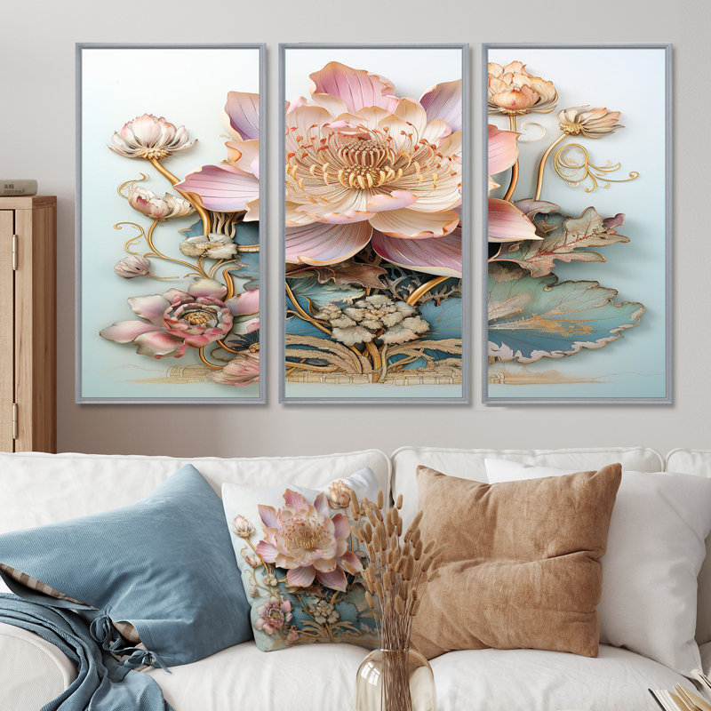 Kean - lot de lotus d'art mural, Encadrement argenté, H 40 po x l 60 po x P 1 po