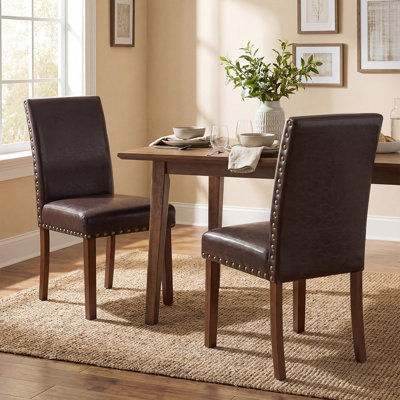 Set of 2 Upholstered Dining Chairs, Parsons Modern Kitchen Chairs with Solid Wood Legs & Nailhead Trim