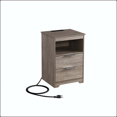 Gray Nightstand with Charging Station (USB + Outlets), 2 Drawers, and Open Shelf