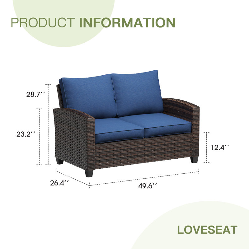 Outdoor Hand-Woven Wicker Patio Loveseat, Brown, Navy