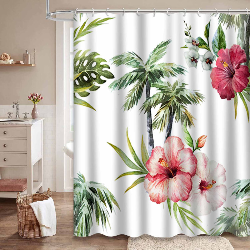Rideau de douche avec 12 crochets Watercolor Palm Tree and Bird Jungle, L 72 po x l 78 po