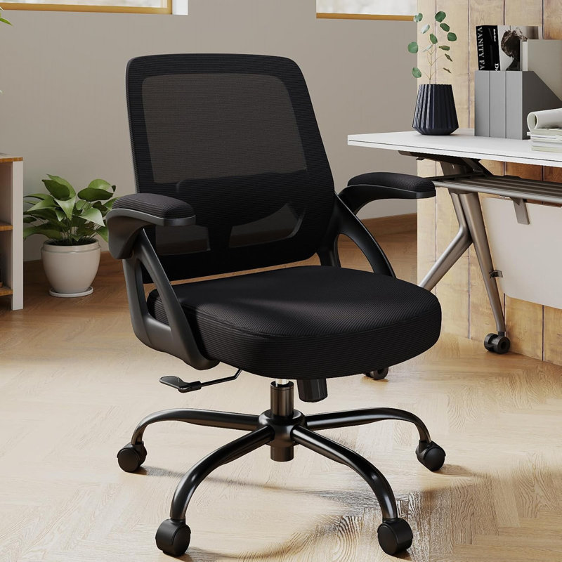 Big And Tall Ergonomic Office Chair - Mid Back Mesh Gaming Chair With Lumbar Support, Flip-Up Arms & Wheels (Home/Office/Study)