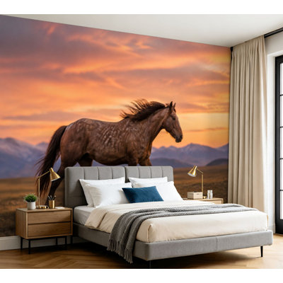 Papier peint mural autocollant « Cheval sauvage au coucher du soleil dans le désert » - Décoration murale moderne pour chambre ou salon - 254 cm (L) x 366 cm (l)