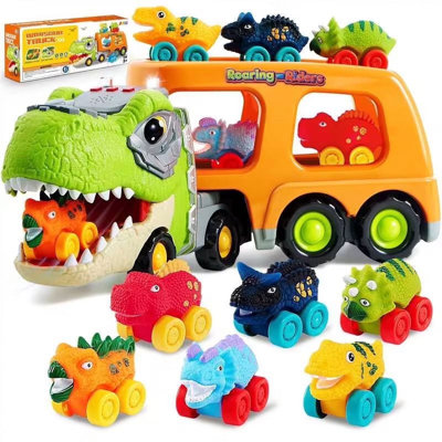 Jouets de camion de dinosaure avec musique et lumières pour les enfants de 2 à 4 ans, jouets de camion de transport avec 6 véhicules en caoutchouc, cadeaux d'anniversaire de Noël pour tout-petit garçon 2 3 4 5 6
