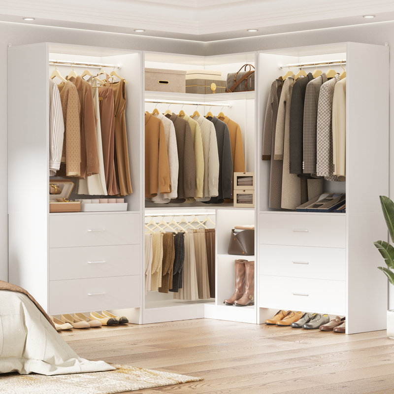 55.2'' - 80.9'' W Closet System with Wooden Drawers and Hanging Rods, White