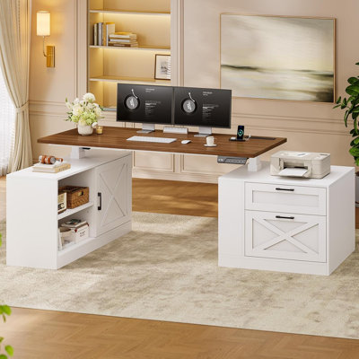 71" Farmhouse L Shaped Standing Desk, Height Adjustable Home Office Executive Desk With Storage Cabinet & File Drawers, Sit Stand Table With Power Out
