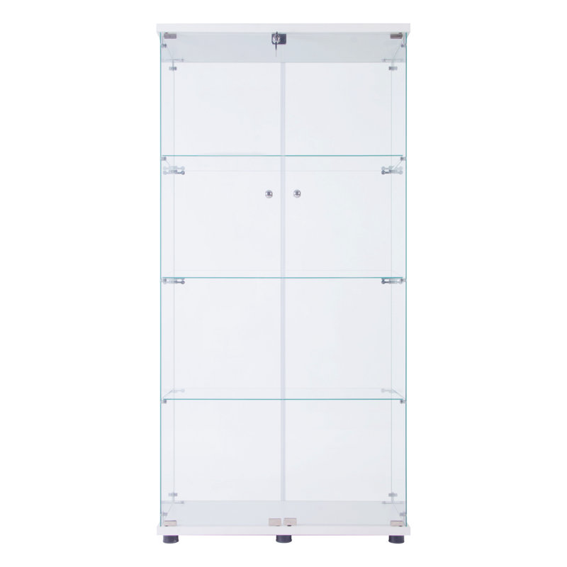 Armoire à deux portes, vitrine en verre avec bande lumineuse DEL et tablettes, Blanc