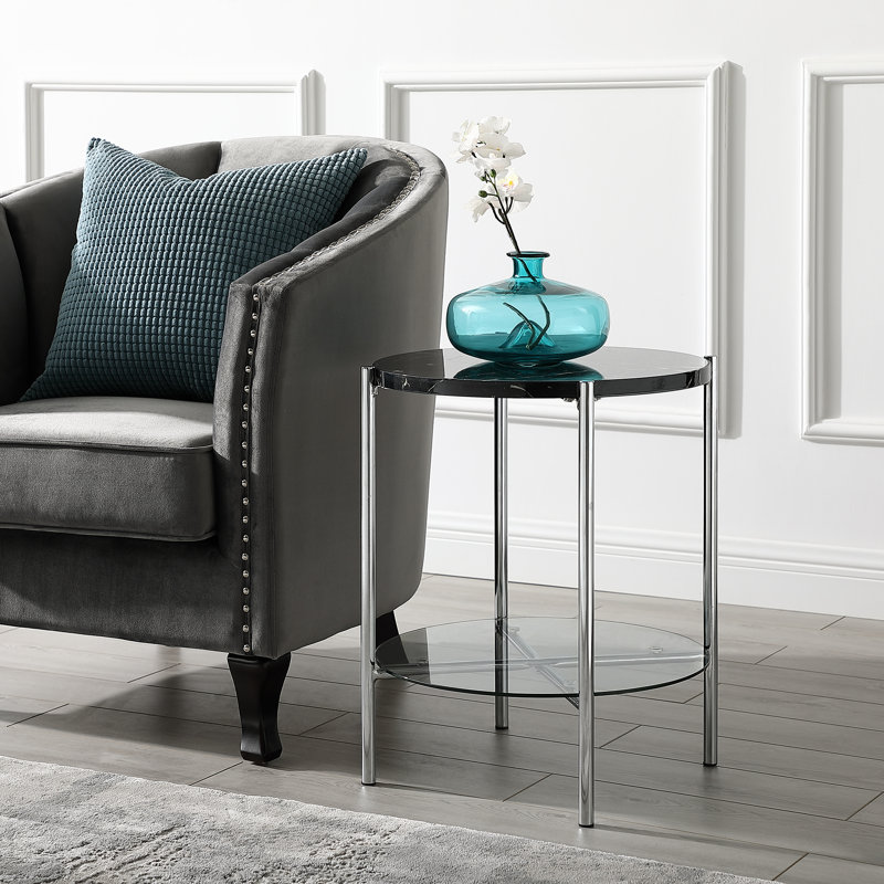 Table de bout avec rangement Seyhan, Marbre noir / Chrome