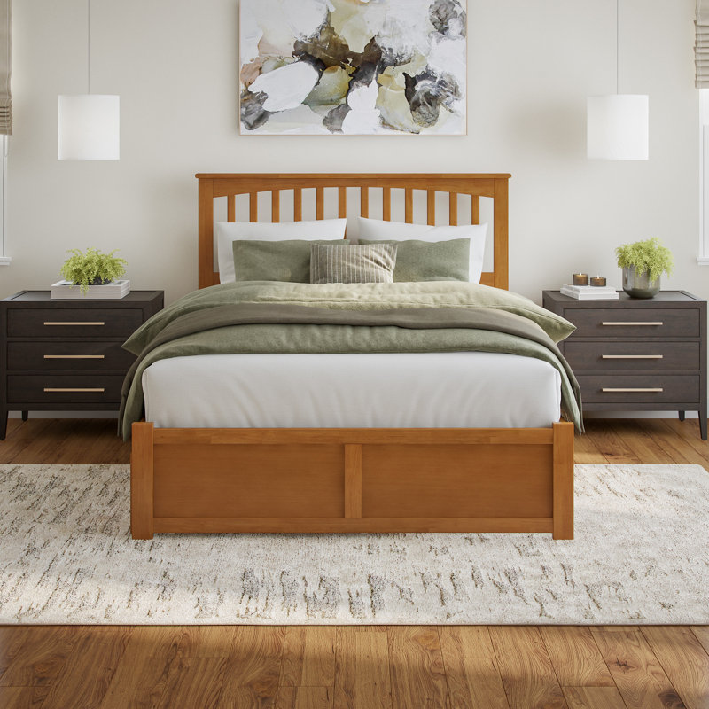 Mission Solid Wood Platform Bed with Footboard & Storage Drawers, Queen, Light Toffee