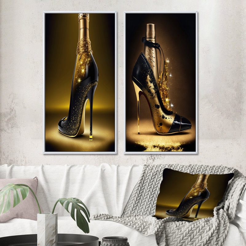 «Golden Champagne High Heel II», 2 pièces sur toile, Cadre blanc, H 32 po x l 32 po