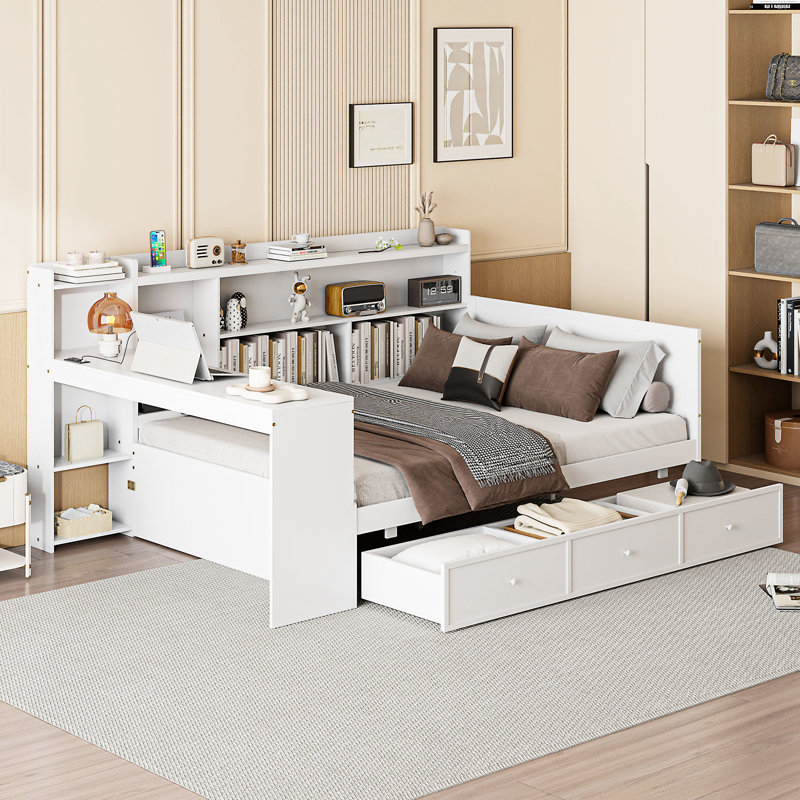 Lit de jour pleine grandeur en bois blanc - 3 tiroirs et bureau pour une chambre fonctionnelle avec ports blancs, Lit double